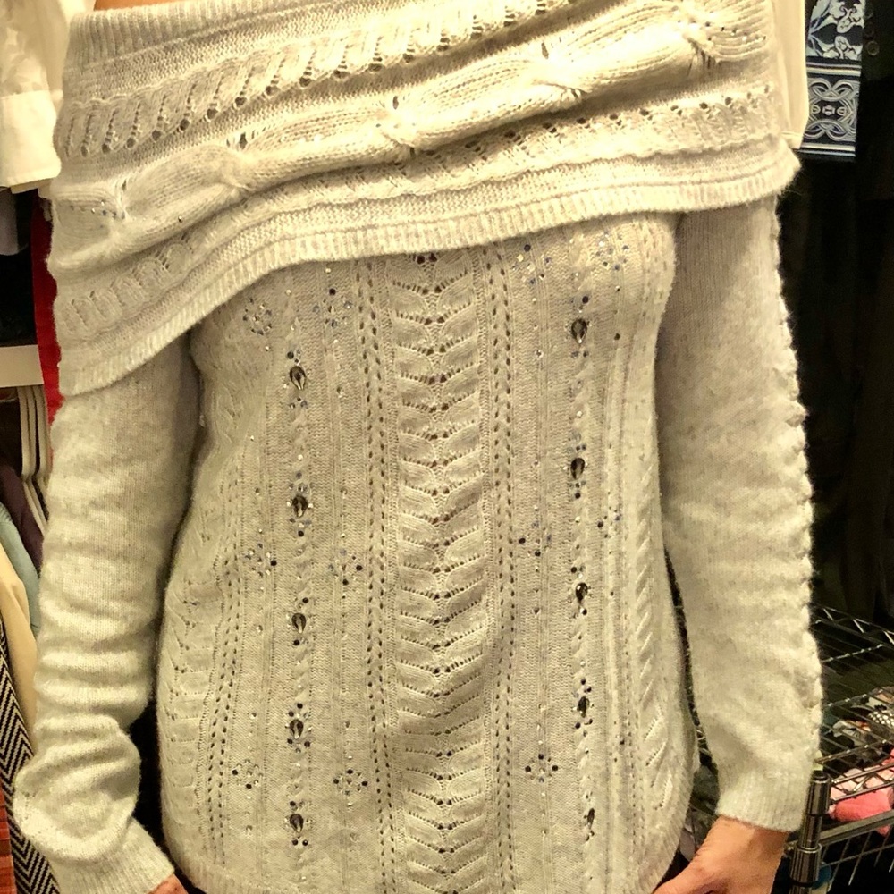 White House Black Market off the shoulder. Embellished. Silver grey size S